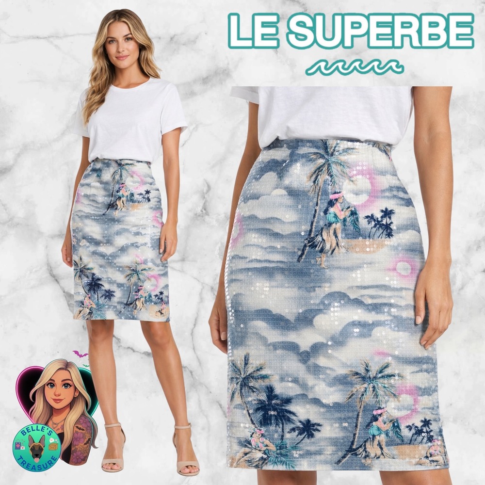 Le Superbe Women's 2‎ Sequin Hawaiian Shine Pencil Skirt Hula Girl Palm Luxury